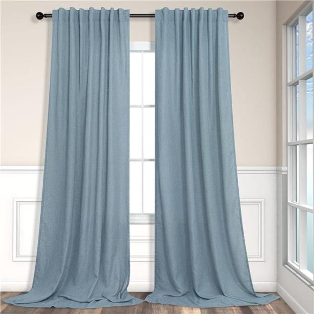 Blue Linen Curtains 84 Inch Length for Living Room 2 Panels Set Back Tab Rod